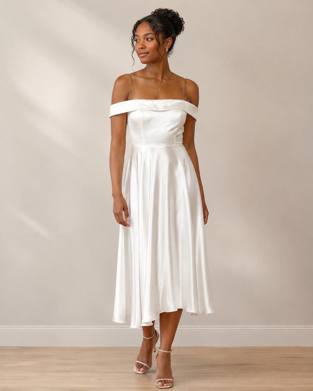 MISS VEIL White Satin Off Shoulder Midi Dress Bridal NWT - 006